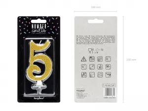 Narozeninová svíčka Partyydeco Number 5, zlatá, 10 cm (SCU4-5-019)