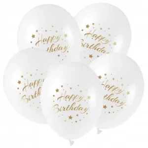 Arpex gumový balónek se zlatým potiskem Happy Birthday (5 ks) bílý 300mm 12cal (KB2877)