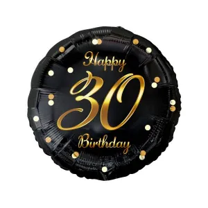 Fóliový balónek Godan Happy 30th Birthday, černý, zlatý potisk 18cal (FG-O30Z)