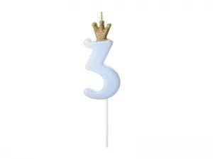Narozeninová svíčka Partyydeco Number 3, světle modrá, 9,5 cm (SCU6-3-001J)