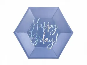 Jednorázový papírový talíř Partydeco v tmavě modré barvě s holografickým nápisem Happy Bday průměr cca 20 cm průměr 200 mm 6 ks (TPP63-074)
