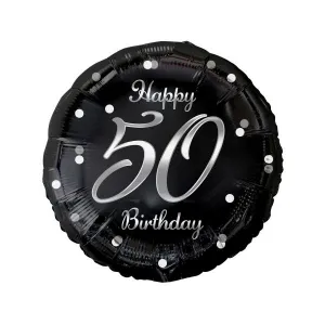 Fóliový balónek Godan Happy 50th Birthday, černý, stříbrný potisk 18cal (FG-O50S)