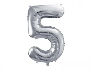 Fóliový balónek Partydeco číslo 5, 86 cm, stříbrný 34cal (FB1M-5-018)