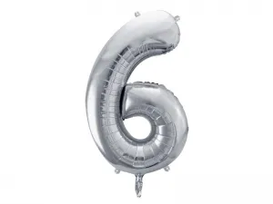 Fóliový balónek Partydeco číslo 6, 86 cm, stříbrný 34cal (FB1M-6-018)