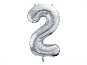 Fóliový balónek Partydeco číslo 2, 86 cm, stříbrný 34cal (FB1M-2-018)