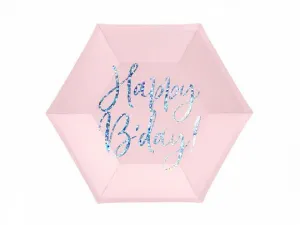 Partydeco jednorázový talíř Happy Bday!, světle pudrově růžový, průměr 200 mm, 6 ks (TPP63-081PJ)
