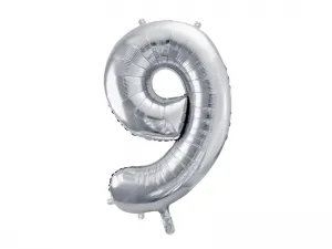 Fóliový balónek Partydeco číslo 9, 86 cm, stříbrný 34cal (FB1M-9-018)