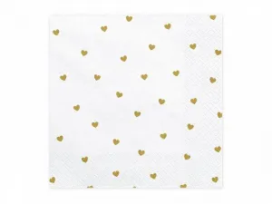 Ubrousky Partydeco Srdce v bílé barvě se zlatým potiskem (1 balení / 20 ks) - bílé 330 mm x 330 mm (SP33-49-008)